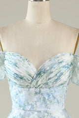Blue Floral Off The Shoulder Printed Short Cocktail Dress