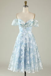 Blue Floral Off The Shoulder Printed Short Cocktail Dress
