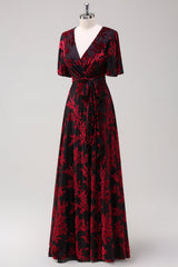 Burnout Velvet Burgundy V-Neck Mother of Bride Dress