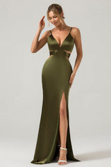 Olive Sheath Spaghetti Straps Cut Out Long Bridesmaid Dress with Slit