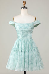 Stylish A Line Off the Shoulder Sage Printed Short Homecoming Dress