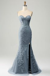 Grey Blue Mermaid Sweetheart Corset Appliques Prom Dress With Side Slit