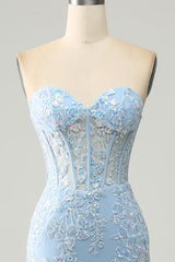 Light Blue Mermaid Sweetheart Corset Appliques Prom Dress With Side Slit