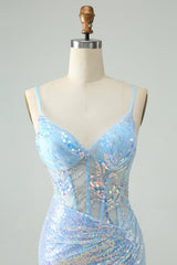 Glitter Light Blue Tight Spaghetti Straps Short Homecoming Dress with Sequins