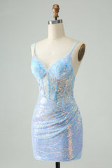 Glitter Light Blue Tight Spaghetti Straps Short Homecoming Dress with Sequins