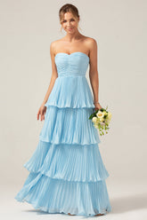Sky Blue Sweetheart Pleated Tiered Long Bridesmaid Dress