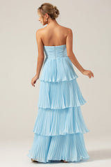 Flowy Chiffon Dusty Blue Sweetheart Tiered Long Bridesmaid Dress