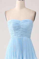 Strapless Sky Blue Prom Dress with Pleated