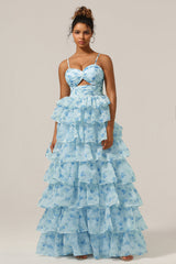 Gorgeous A Line Spaghetti Straps Cut Out Tiered Blue Bridesmaid Dress