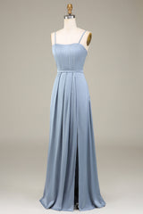 Dusty Blue A-Line Spaghetti Straps Satin Long Bridesmaid Dress
