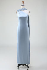 Sheath One Shoulder Satin Long Blue Bridesmaid Dress