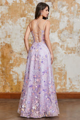 Mauve A-Line Spaghetti Straps Long Prom Dress with Appliques