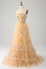 Yellow A-Line Halter Pleated Tulle Tiered Prom Dress With Embroidery