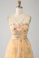 Yellow A-Line Halter Pleated Tulle Tiered Prom Dress With Embroidery