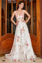 Embroidered Ivory Flower Long Corset Prom Dress with Slit