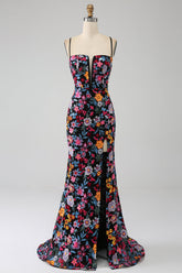 Mermaid Spaghetti Straps Black Flower Embroidered Prom Dress With Side Slit