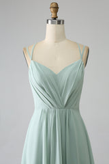 Matcha A-Line Spaghetti Straps Backless Pleated Long Bridesmaid Dress