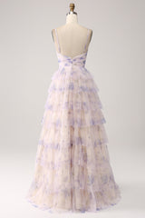 Lavender Flower Tiered Princess Prom Dress with Pleated
