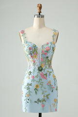 Blue Floral Bodycon Spaghetti Straps Embroidered Short Homecoming Dress