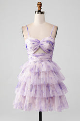 Lavender Flower A Line Spaghetti Straps Tiered Pleated Short Homecoming Dress