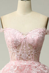 Pink Off The Shoulder Tiered Prom Dress