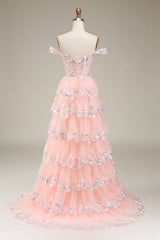 Blush Off The Shoulder Tiered Prom Dress