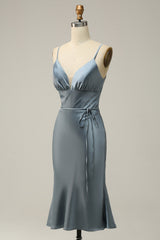 Spaghetti Straps Satin Grey Blue Prom Dress