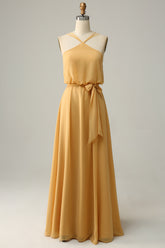 A Line Halter Yellow Long Bridemaid Dress with Bowknot