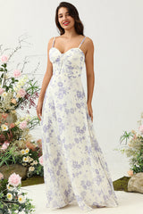 Spaghetti Straps Purple Floral Long Bridesmaid Dress