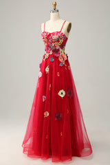 A Line Spaghetti Straps Burgundy Long Prom Dress with Appliques
