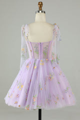 Spaghetti Straps Lavender Tulle Short Homecoming Dress with Embroidery