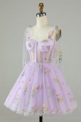 Spaghetti Straps Lavender Tulle Short Homecoming Dress with Embroidery