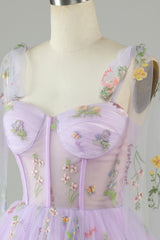 Spaghetti Straps Lavender Tulle Short Homecoming Dress with Embroidery