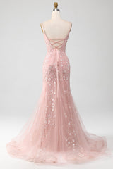 Mermiad Blush Lace Spaghetti Straps Long Prom Dress with Appliques