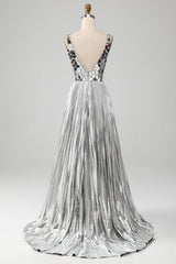 Sparkly A-Line V-Neck Silver Prom Dress with Slit