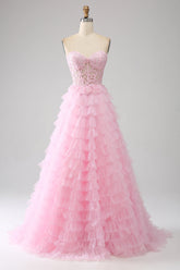 Pink A-Line Strapless Tiered Long Corset Prom Dress