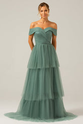 Grey Green Tulle A Line Off the Shoulder Tiered Bridesmaid Dress