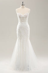 White Mermaid Spaghetti Straps Applique Lace Corset Wedding Dress with Lace-up Back
