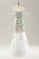White Mermaid Off the Shoulder Flowers Corset Bridal Dress
