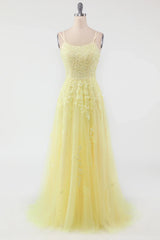 Yellow Spaghetti Straps Prom Dress With Appliques