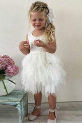 A-Line Crew Knee-Length Tulle Flower Girl Dress with Lace Ruffles FL06