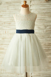 A-Line Jewel Knee-Length Open Back Light Grey Tulle Flower Girl Dress FL03