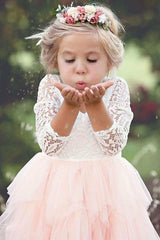 A-Line Scoop Tea-Length 3/4 Sleeves Pink Flower Girl Dress with Lace Ruffles FL05