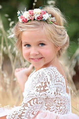 A-Line Scoop Tea-Length 3/4 Sleeves Pink Flower Girl Dress with Lace Ruffles FL05