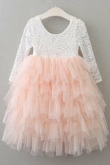 A-Line Scoop Tea-Length 3/4 Sleeves Pink Flower Girl Dress with Lace Ruffles FL05