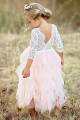 A-Line Scoop Tea-Length 3/4 Sleeves Pink Flower Girl Dress with Lace Ruffles FL05