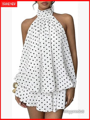 Chiffon Polka Dot Halter Mini Dress Sleeveless Open Back