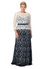 Amberly Belted Lace ¾ Sleeve Gown in Navy / Ivory