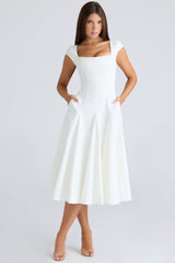 white square neck twill midi dress