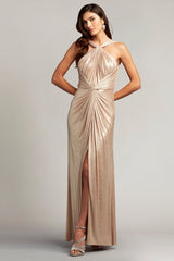 Ambrosia Draped Halter Lam¨¦ Gown